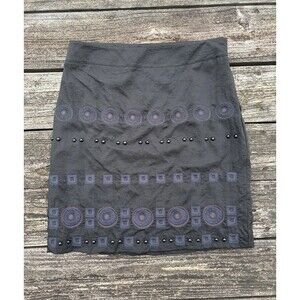 DKNY Black Beaded Embroidered Artsy A-Line Knee Skirt Sz 10